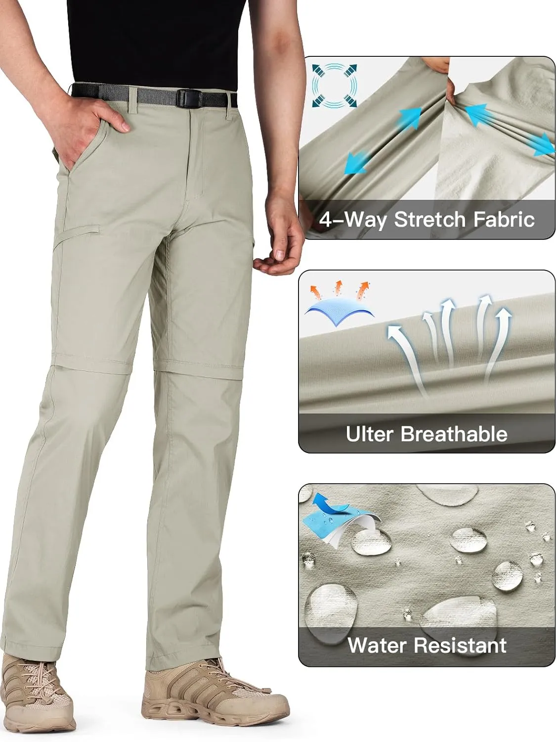FREE SOLDIER Men's Outdoor Convertible Hiking Pants with Belt Lightweight Quick Dry Tactical Cargo Pants Nylon Spandex