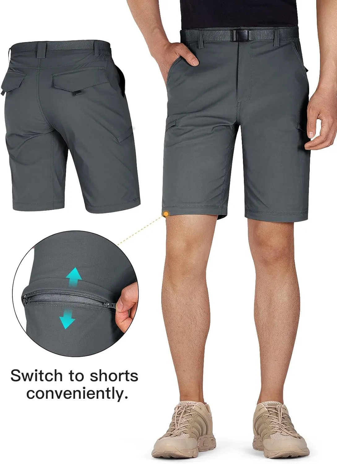FREE SOLDIER Men's Outdoor Convertible Hiking Pants with Belt Lightweight Quick Dry Tactical Cargo Pants Nylon Spandex