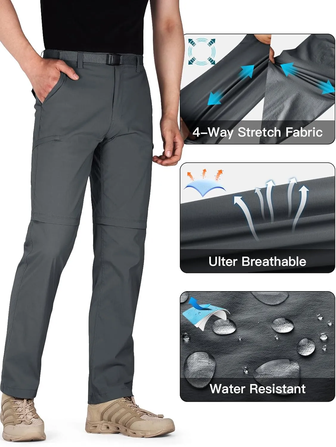 FREE SOLDIER Men's Outdoor Convertible Hiking Pants with Belt Lightweight Quick Dry Tactical Cargo Pants Nylon Spandex