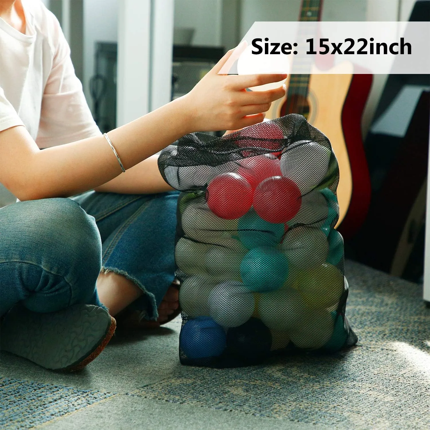 Frienda 6 Pieces Mesh Stuff Sack, 11 x 15 Inch Durable Nylon Drawstring Laundry Bag for Rinsing Beach Toys, Seashell Collecting, Mesh Bags and Travel(Black)