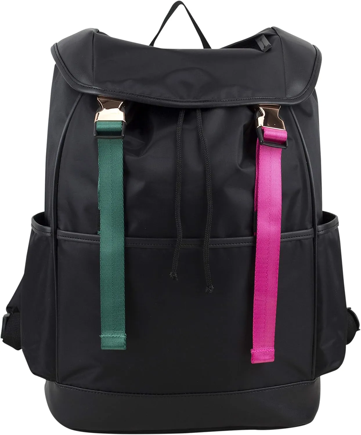 FUEL Drawstring Water Resistant Multi-Pocket Travel Backpack Daypack Everyday Bag With Double Metal Buckle Closure, Black/Emerald Green/Hot Pink
