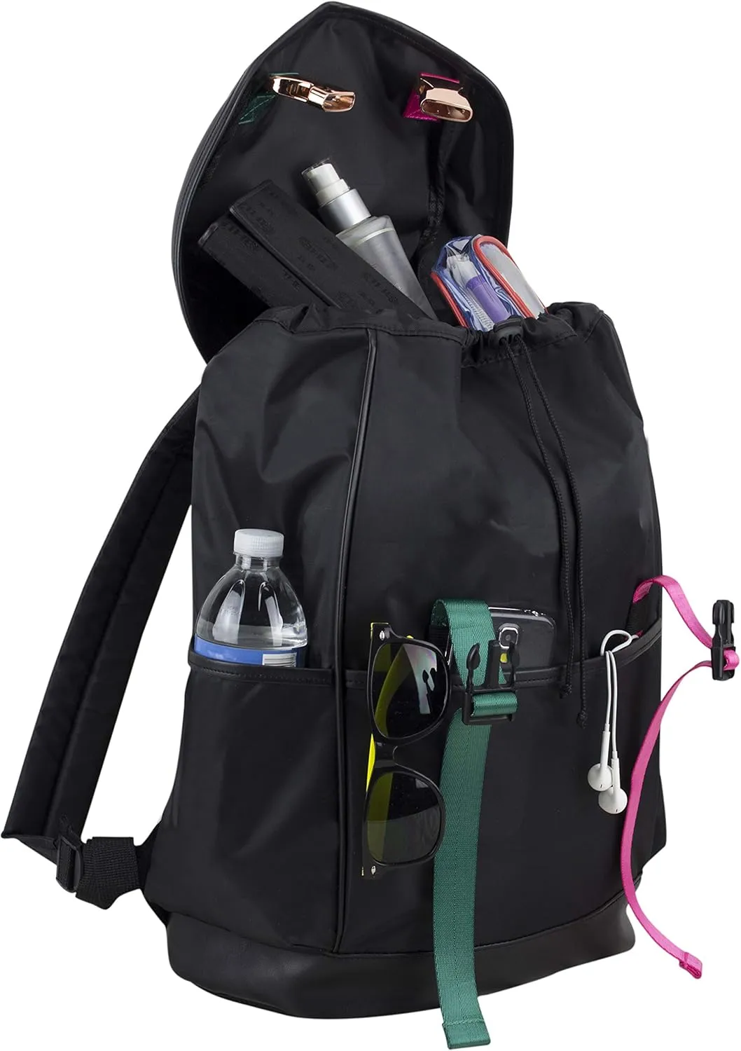 FUEL Drawstring Water Resistant Multi-Pocket Travel Backpack Daypack Everyday Bag With Double Metal Buckle Closure, Black/Emerald Green/Hot Pink
