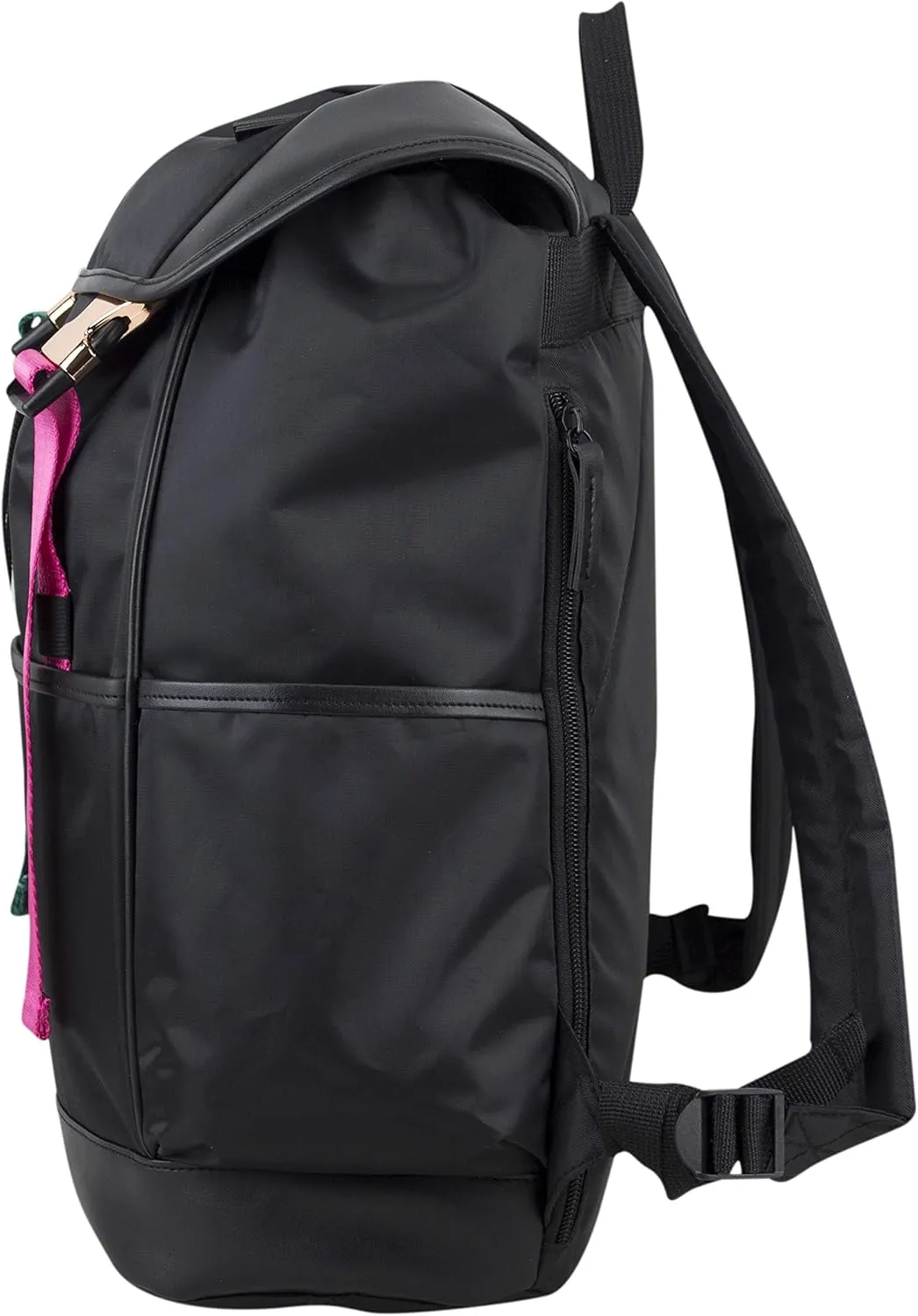 FUEL Drawstring Water Resistant Multi-Pocket Travel Backpack Daypack Everyday Bag With Double Metal Buckle Closure, Black/Emerald Green/Hot Pink