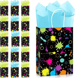 Funrous 16 Pcs Glow Party Bags with Tissue Paper Neon Theme Gift Bags Glow in The Dark Favor Baggies for Neon Theme Event Decoration Supplies