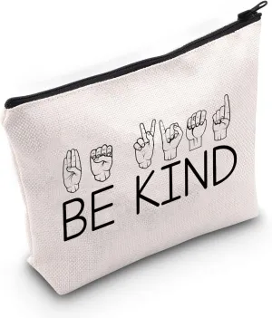 G2TUP ASL American Sign Language Gift ASL Teacher Thank You Gift ASL Be Kind Sign Cosmetic Bag and Travel Make Up Pouch (ASL Be Kind White Bag)