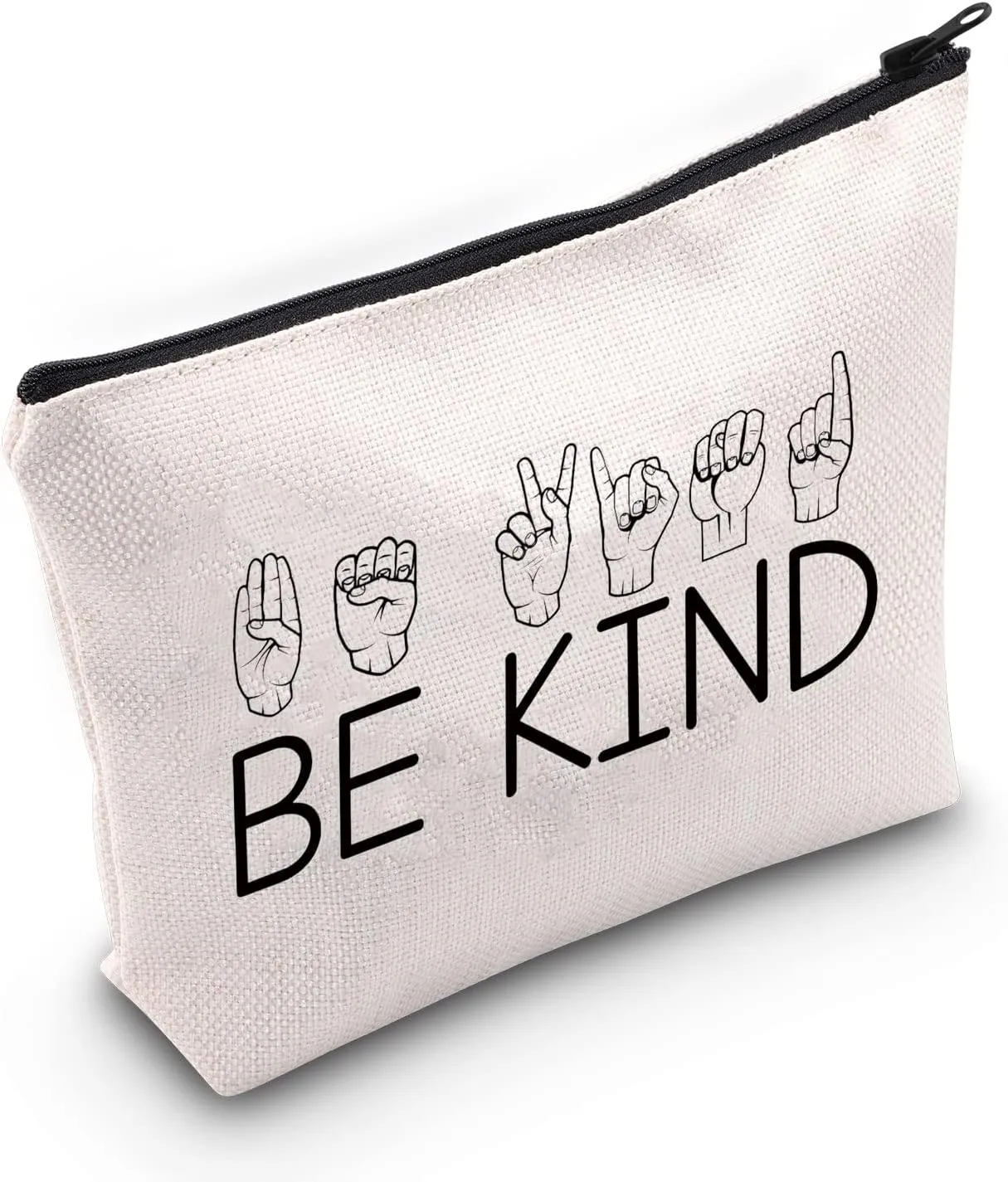 G2TUP ASL American Sign Language Gift ASL Teacher Thank You Gift ASL Be Kind Sign Cosmetic Bag and Travel Make Up Pouch (ASL Be Kind White Bag)