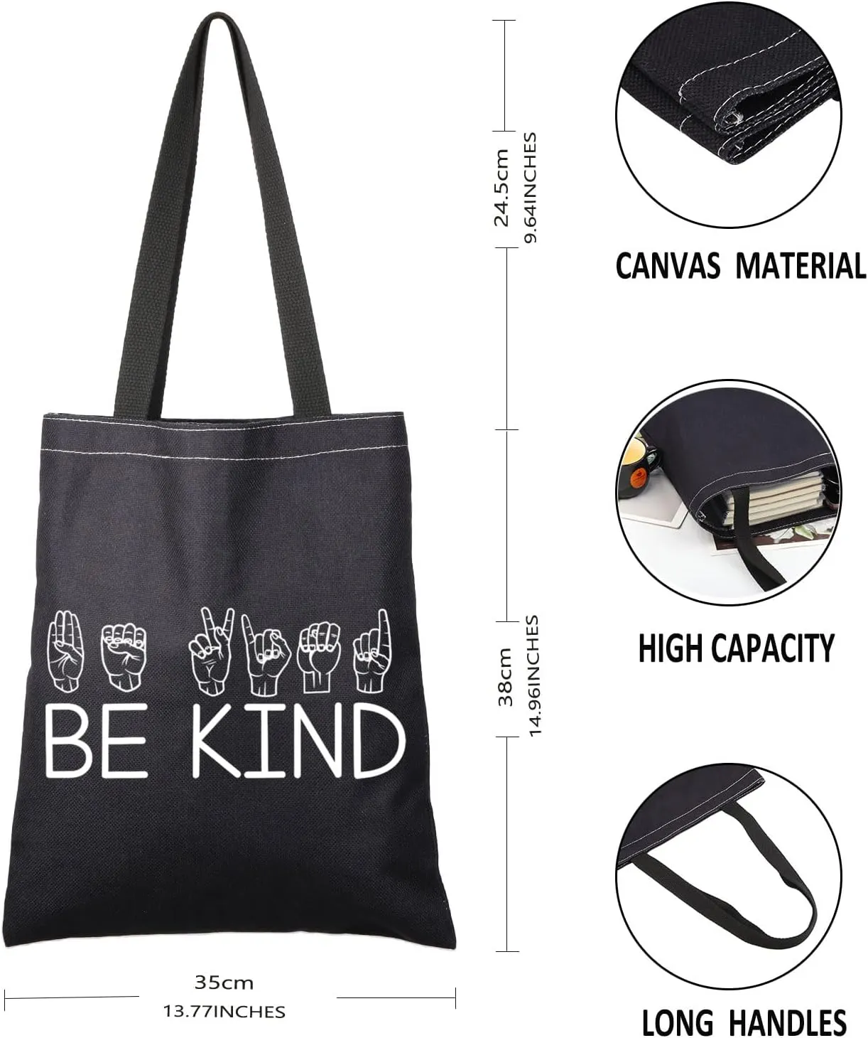 G2TUP ASL Be Kind Sign Reusable Canvas Tote Bag - Teacher & Gift Shopping Handbag