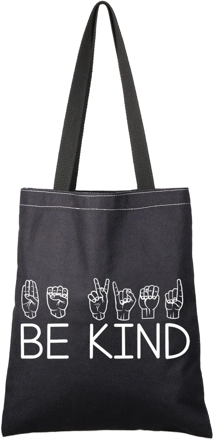 G2TUP ASL Be Kind Sign Reusable Canvas Tote Bag - Teacher & Gift Shopping Handbag
