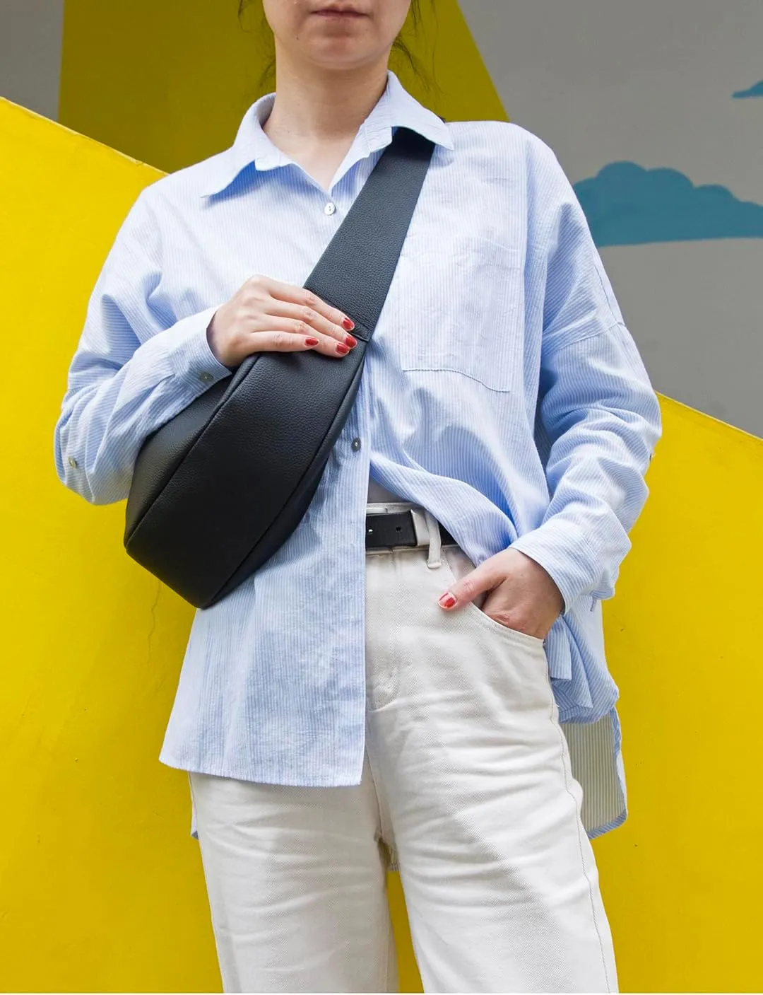 Genuine Leather Sling Bags Crossbody Women, Minimalist Style Casual Chest Bags with Wide Strap