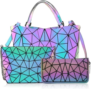 Geometric Purse for Women,Geometric Luminous Crossbody Bags and Holographic wallets Set-3FH