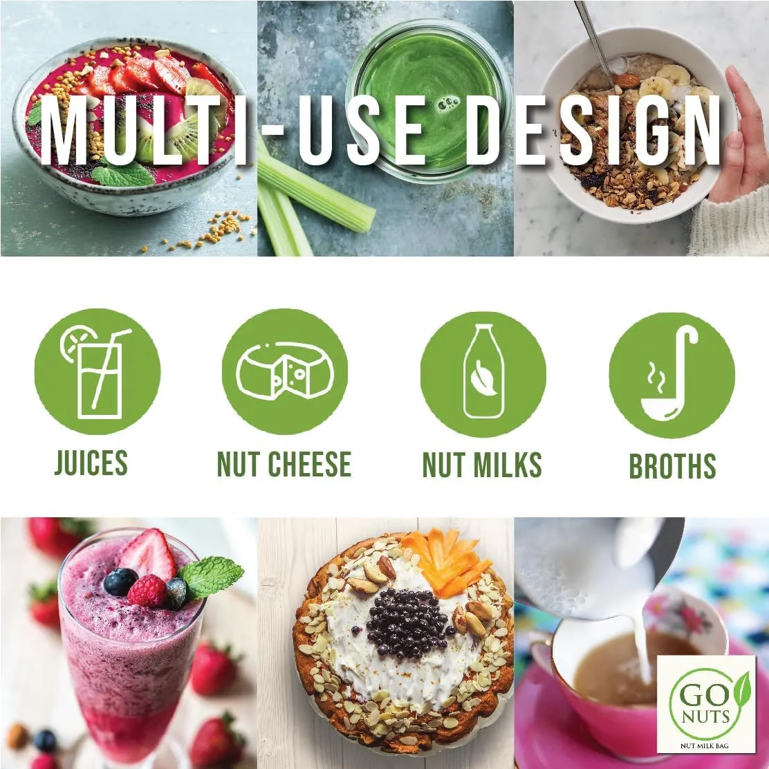 Go Nut Milk Bag 2 Pack, 12“x12" Reusable Strainer Bags for Plant-Based, Nut Milk Cold Brew, Coffee, & Juice, BPA-Free, Ultra-Fine Mesh, Nylon Triple-Stitched, Eco-Friendly, Pro Quality Filter Bags