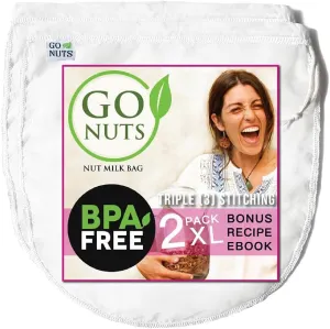 Go Nut Milk Bag 2 Pack, 12“x12" Reusable Strainer Bags for Plant-Based, Nut Milk Cold Brew, Coffee, & Juice, BPA-Free, Ultra-Fine Mesh, Nylon Triple-Stitched, Eco-Friendly, Pro Quality Filter Bags