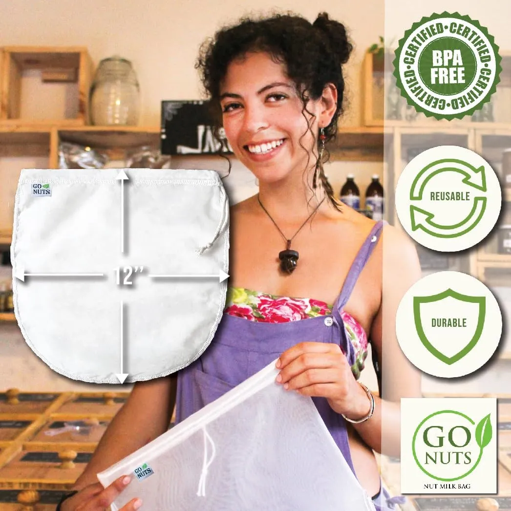 Go Nut Milk Bag 2 Pack, 12“x12" Reusable Strainer Bags for Plant-Based, Nut Milk Cold Brew, Coffee, & Juice, BPA-Free, Ultra-Fine Mesh, Nylon Triple-Stitched, Eco-Friendly, Pro Quality Filter Bags