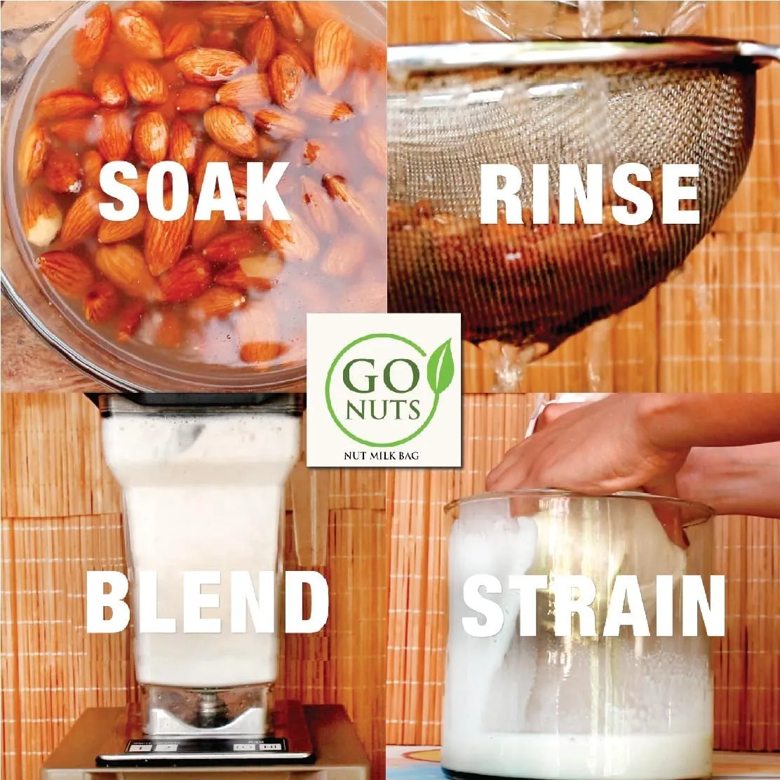 Go Nut Milk Bag 2 Pack, 12“x12" Reusable Strainer Bags for Plant-Based, Nut Milk Cold Brew, Coffee, & Juice, BPA-Free, Ultra-Fine Mesh, Nylon Triple-Stitched, Eco-Friendly, Pro Quality Filter Bags