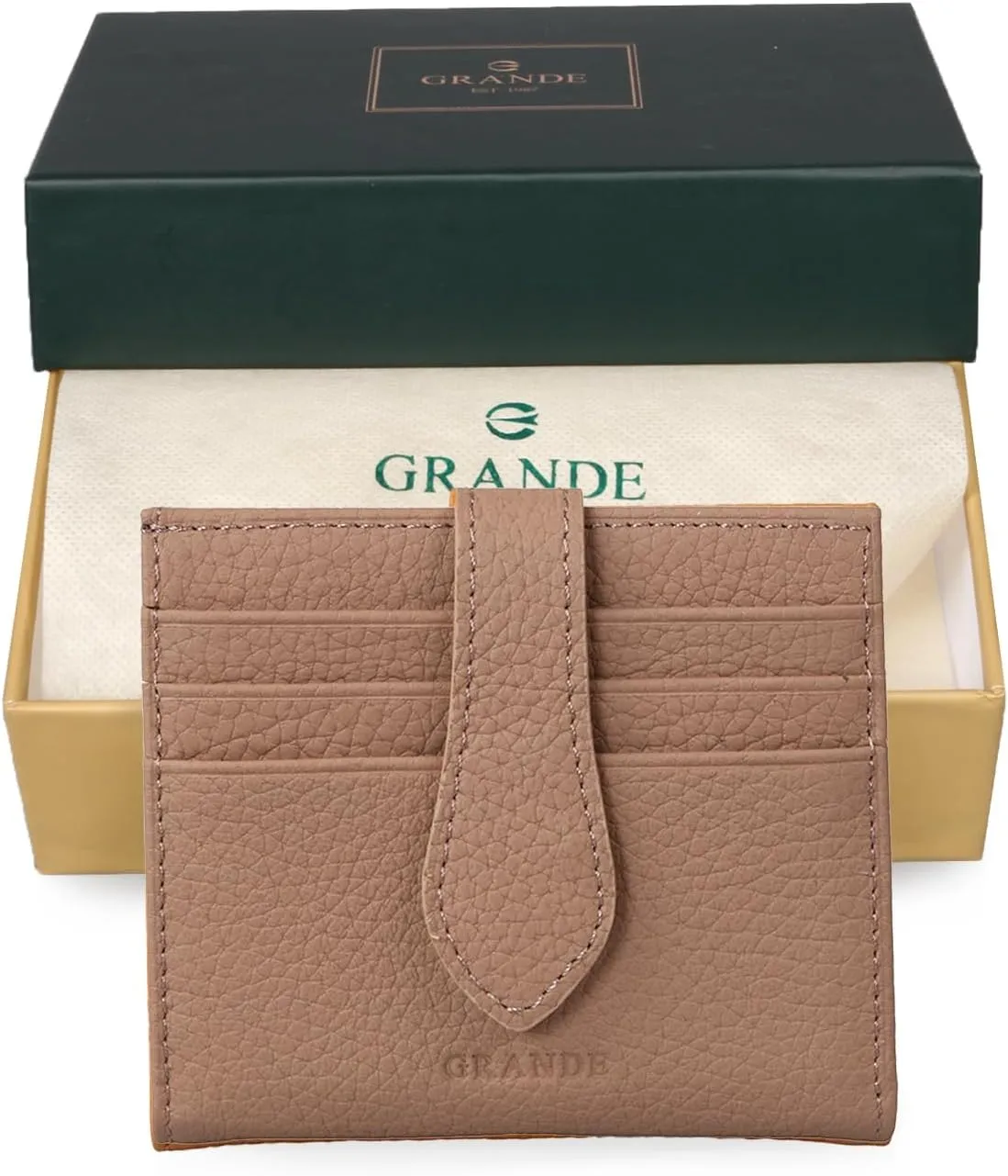 grande 3803 Genuine Leather Card Holder For Women and Men Slim Minimalist Card Case Small Snap Wallet (Cookie)