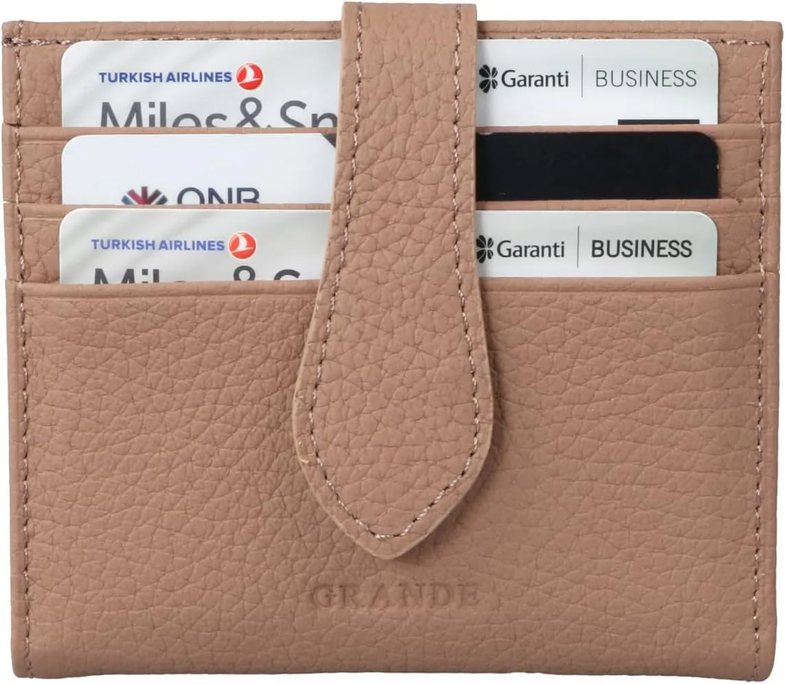 grande 3803 Genuine Leather Card Holder For Women and Men Slim Minimalist Card Case Small Snap Wallet (Cookie)