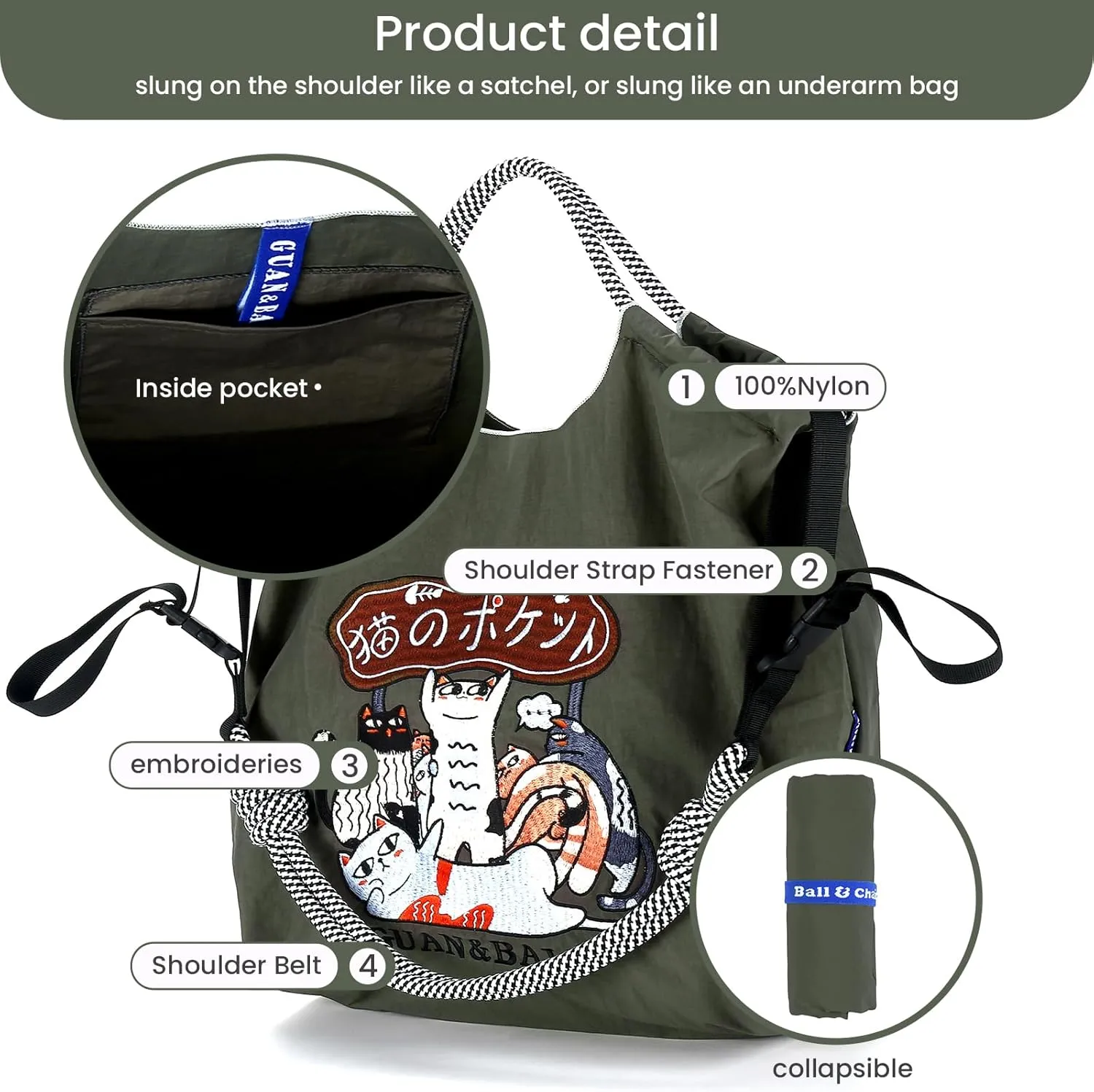 Guan&Ball The Lady Tote bag, waterproof nylon bag with lamb embroidery pattern, is the perfect companion for travel