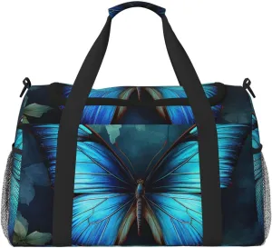 Gym Bag Blue Butterfly Pattern Duffel Bag for Men Women Travel Overnight Bag with Shoe Compartment Workout Bags