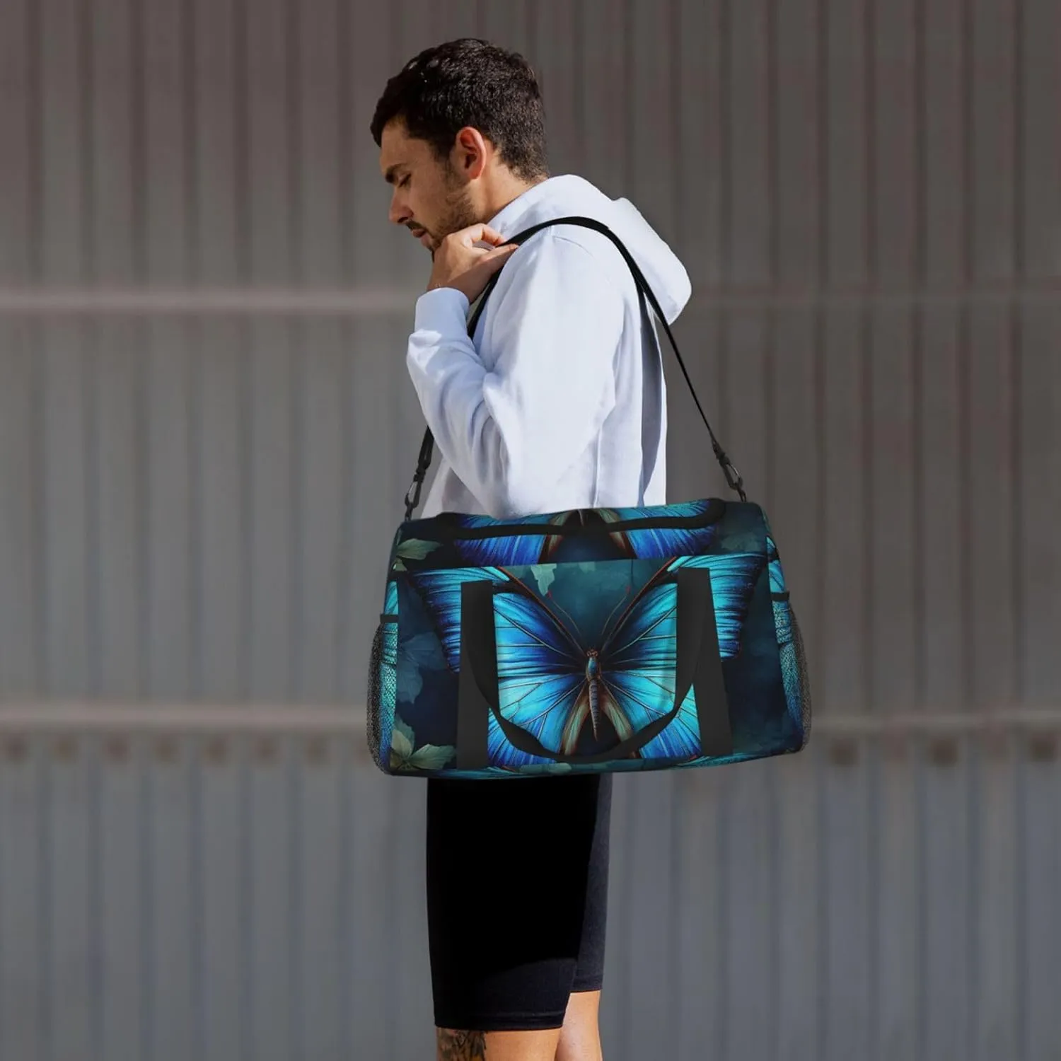 Gym Bag Blue Butterfly Pattern Duffel Bag for Men Women Travel Overnight Bag with Shoe Compartment Workout Bags