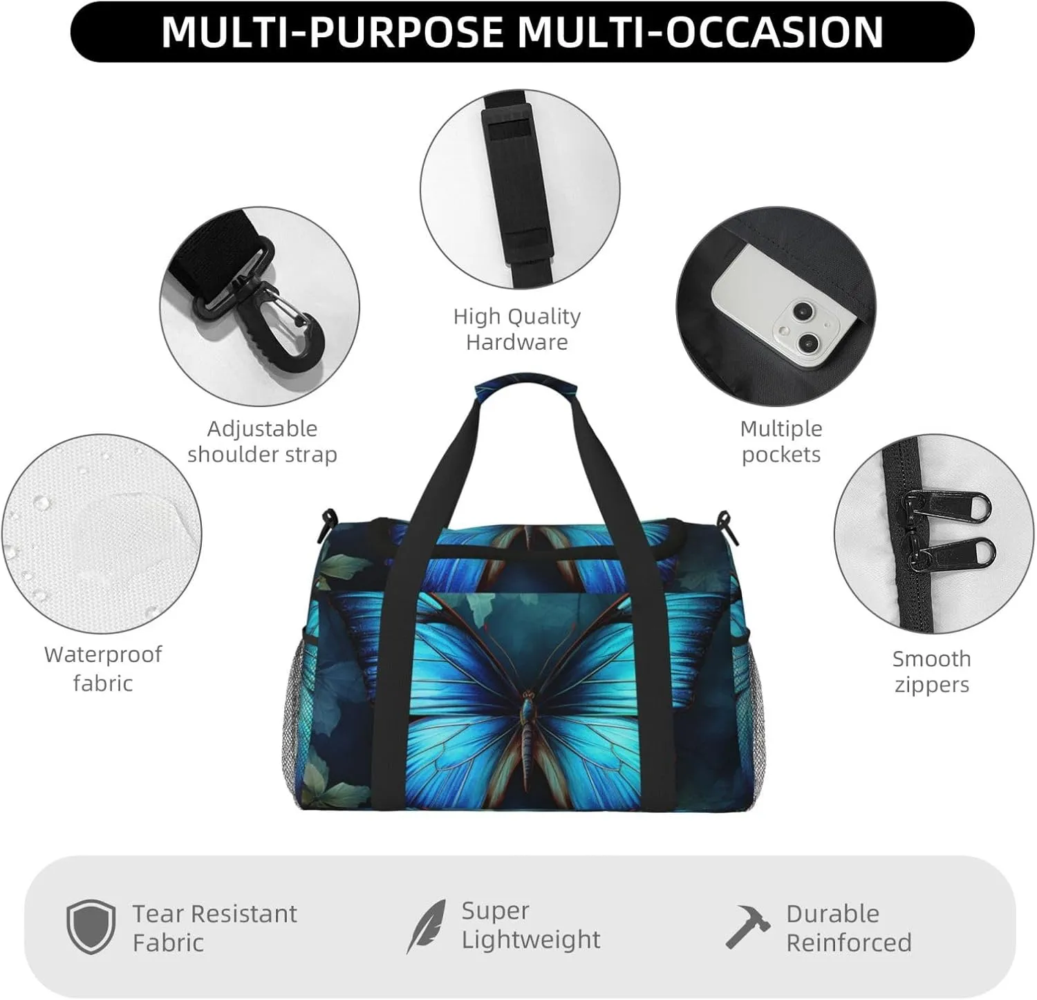 Gym Bag Blue Butterfly Pattern Duffel Bag for Men Women Travel Overnight Bag with Shoe Compartment Workout Bags