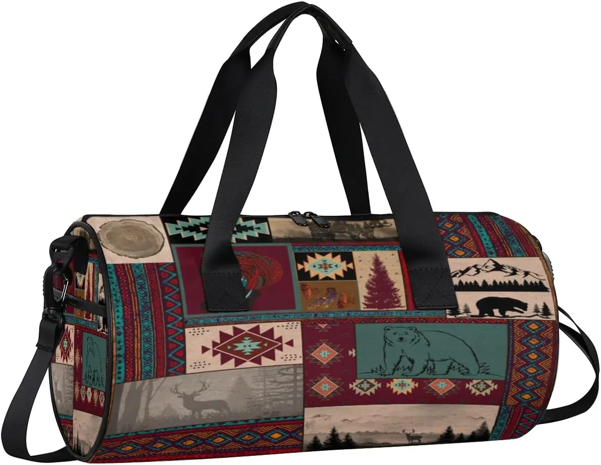Gym Bags for Men Women Ethnic Boho Pattern Sports Duffel Bags Carry On Travel Duffle Bag with Detachable Adjustable Shoulder Strap Overnight Weekender Bag
