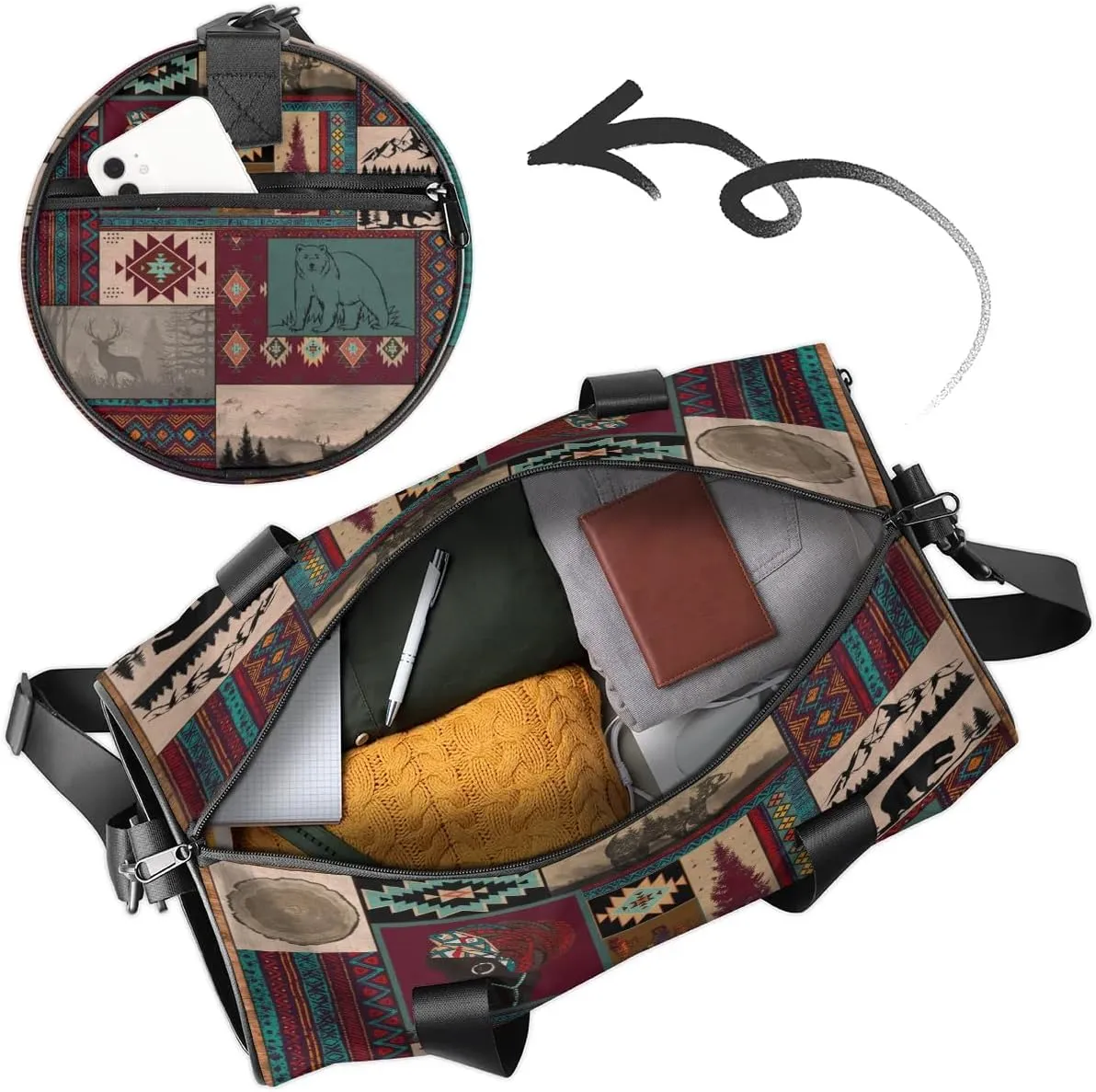 Gym Bags for Men Women Ethnic Boho Pattern Sports Duffel Bags Carry On Travel Duffle Bag with Detachable Adjustable Shoulder Strap Overnight Weekender Bag