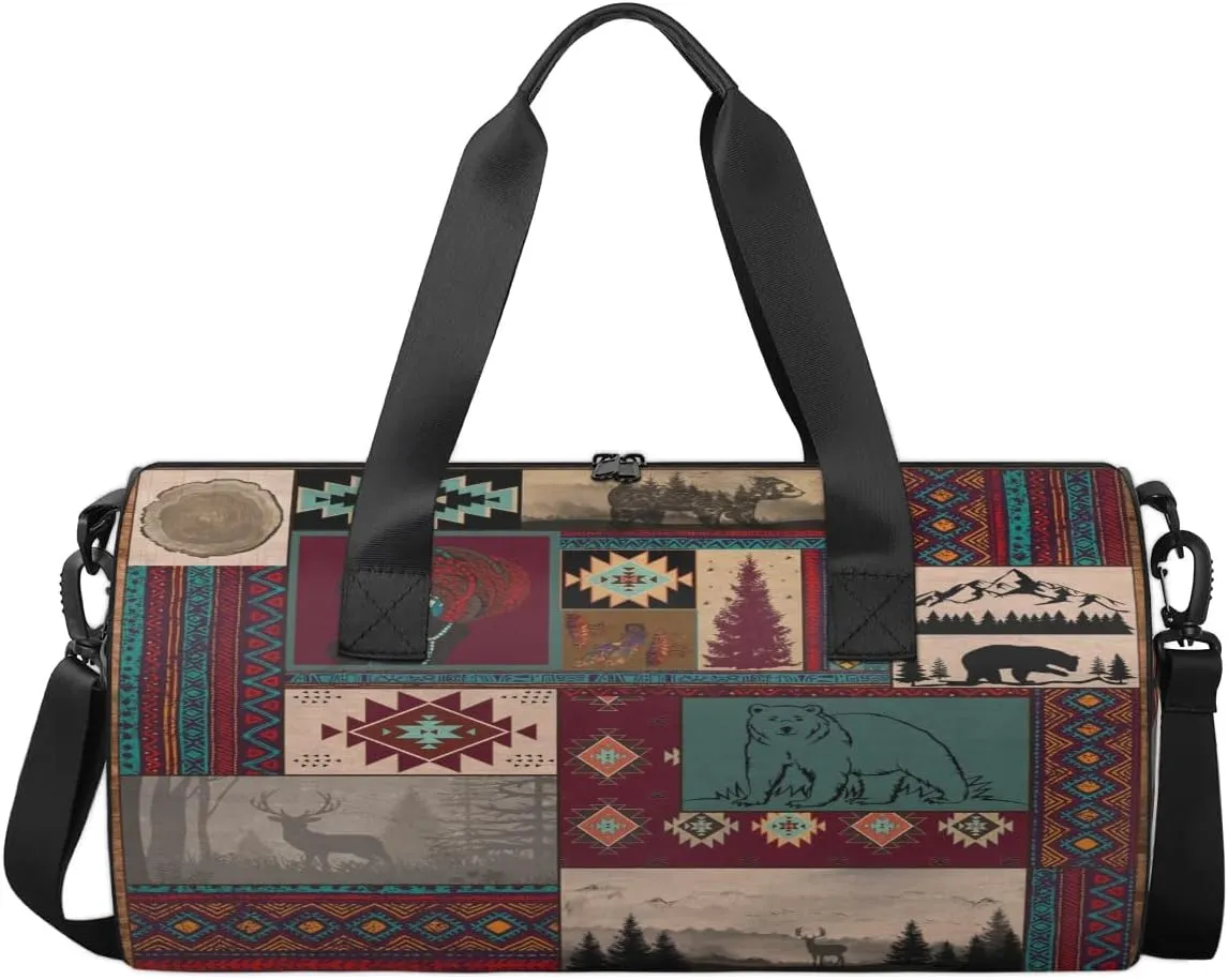 Gym Bags for Men Women Ethnic Boho Pattern Sports Duffel Bags Carry On Travel Duffle Bag with Detachable Adjustable Shoulder Strap Overnight Weekender Bag