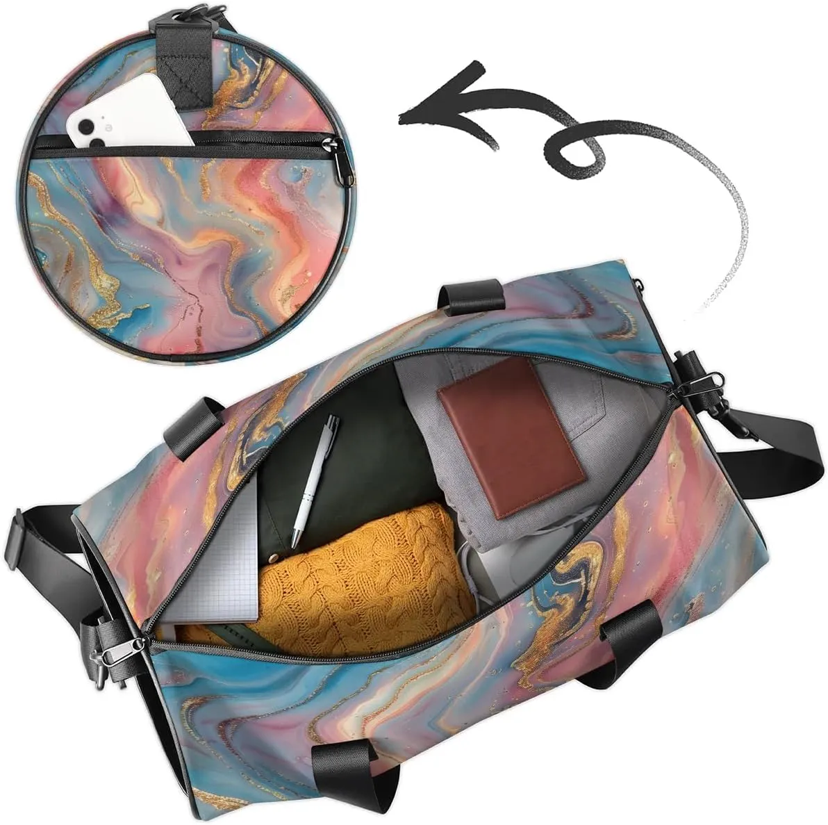 Gym Bags for Men Women Fairy Marble Pattern Sports Duffel Bags Carry On Travel Duffle Bag with Detachable Adjustable Shoulder Strap Overnight Weekender Bag