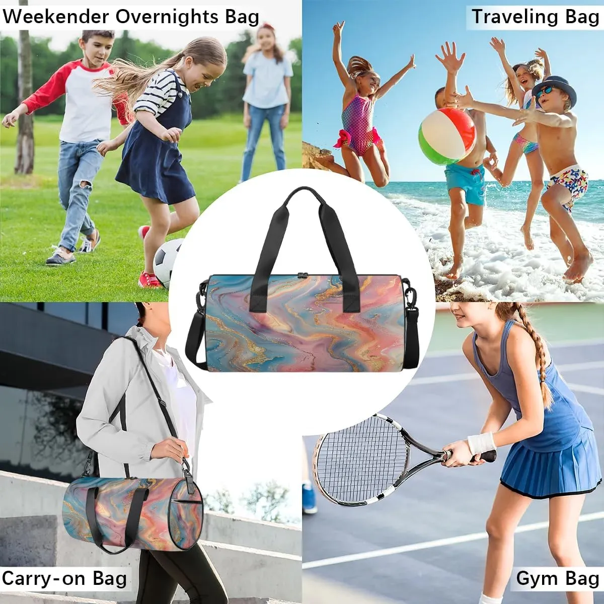 Gym Bags for Men Women Fairy Marble Pattern Sports Duffel Bags Carry On Travel Duffle Bag with Detachable Adjustable Shoulder Strap Overnight Weekender Bag