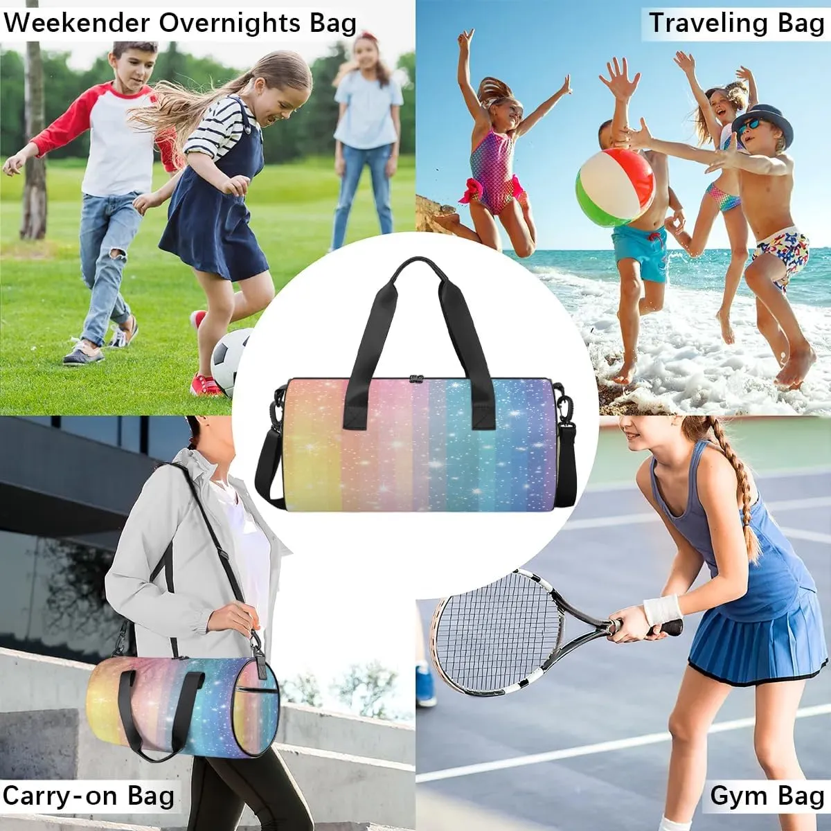 Gym Bags for Men Women Rainbow Stripes Sports Duffel Bags Carry On Travel Duffle Bag with Detachable Adjustable Shoulder Strap Overnight Weekender Bag