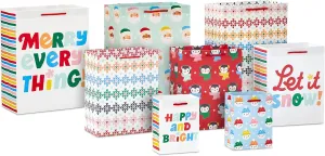 Hallmark Christmas Gift Bag Assortment (8 Bags: 2 Small 5", 3 Medium 8", 3 Large 11") Pink, Mint Green, Red, Blue, Yellow, "Merry Everything," "Let It Snow," "Happy Bright," Penguins, Snowmen, Santa