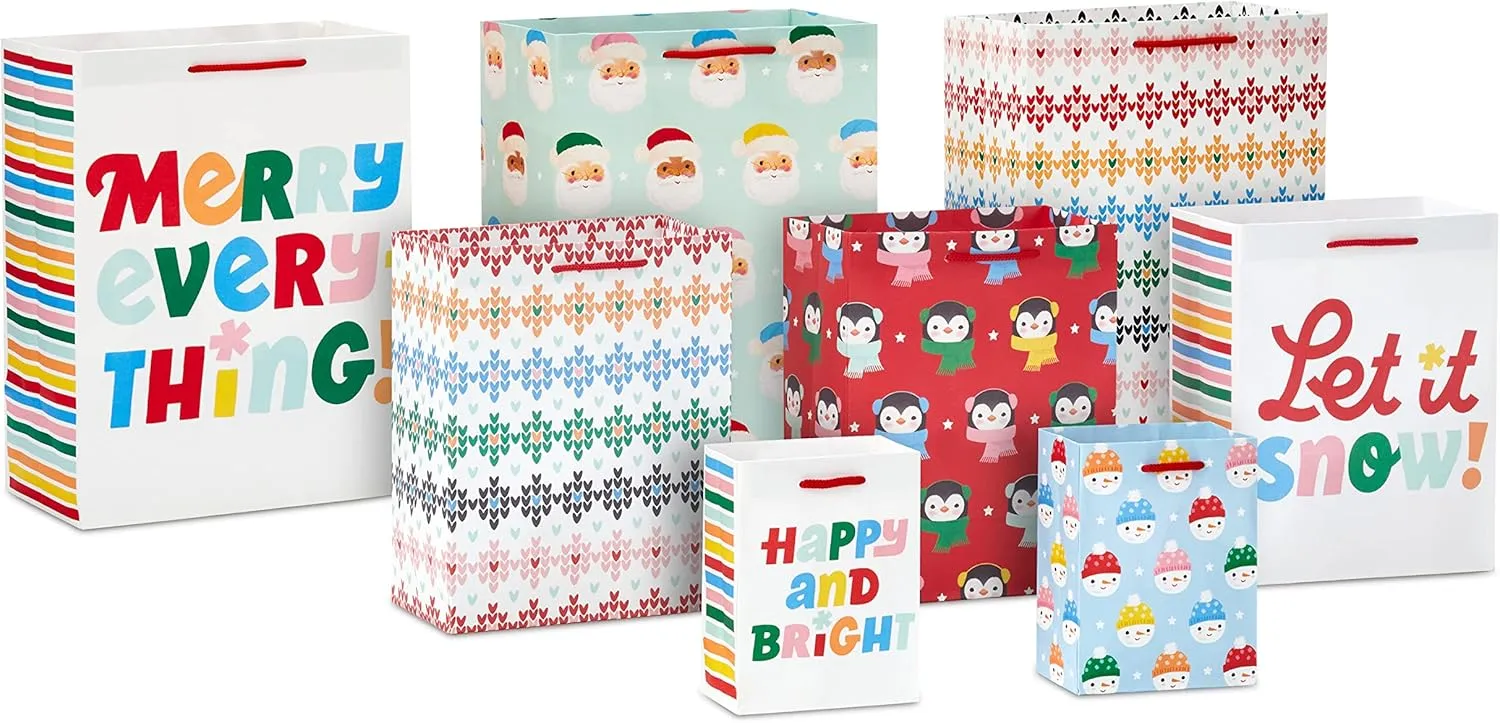 Hallmark Christmas Gift Bag Assortment (8 Bags: 2 Small 5", 3 Medium 8", 3 Large 11") Pink, Mint Green, Red, Blue, Yellow, "Merry Everything," "Let It Snow," "Happy Bright," Penguins, Snowmen, Santa