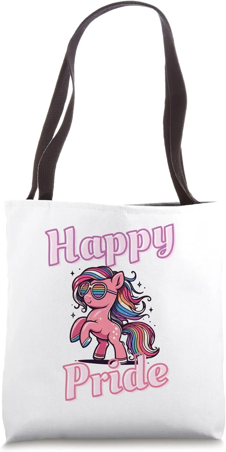 Happy Pride Month Cute Retro Rainbow Pony Tote Bag