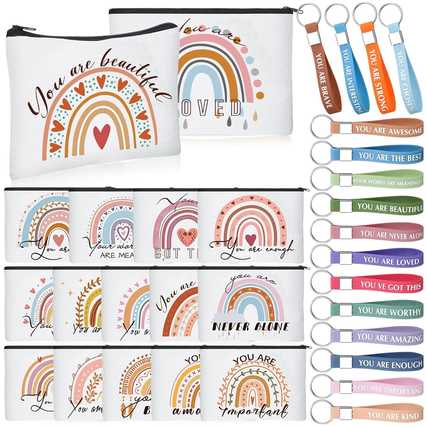 Hillban 32 Pcs Canvas Cosmetic Bag Bulk with Inspirational Quote Keychains Women Canvas Makeup Bag Graduation Gift Travel Toiletry Coin Pouch for Graduation Mother's Day Birthday Party(Rainbow)