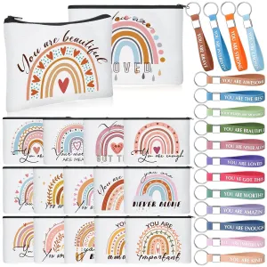 Hillban 32 Pcs Canvas Cosmetic Bag Bulk with Inspirational Quote Keychains Women Canvas Makeup Bag Graduation Gift Travel Toiletry Coin Pouch for Graduation Mother's Day Birthday Party(Rainbow)