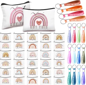 Hillban 64 Pieces Rainbow Cosmetic Bag Bulk Inspirational Mother Day Gift for Women with 32 Motivational Quote Keychains and 32 Rainbow Canvas Makeup Pouch Bags for Women