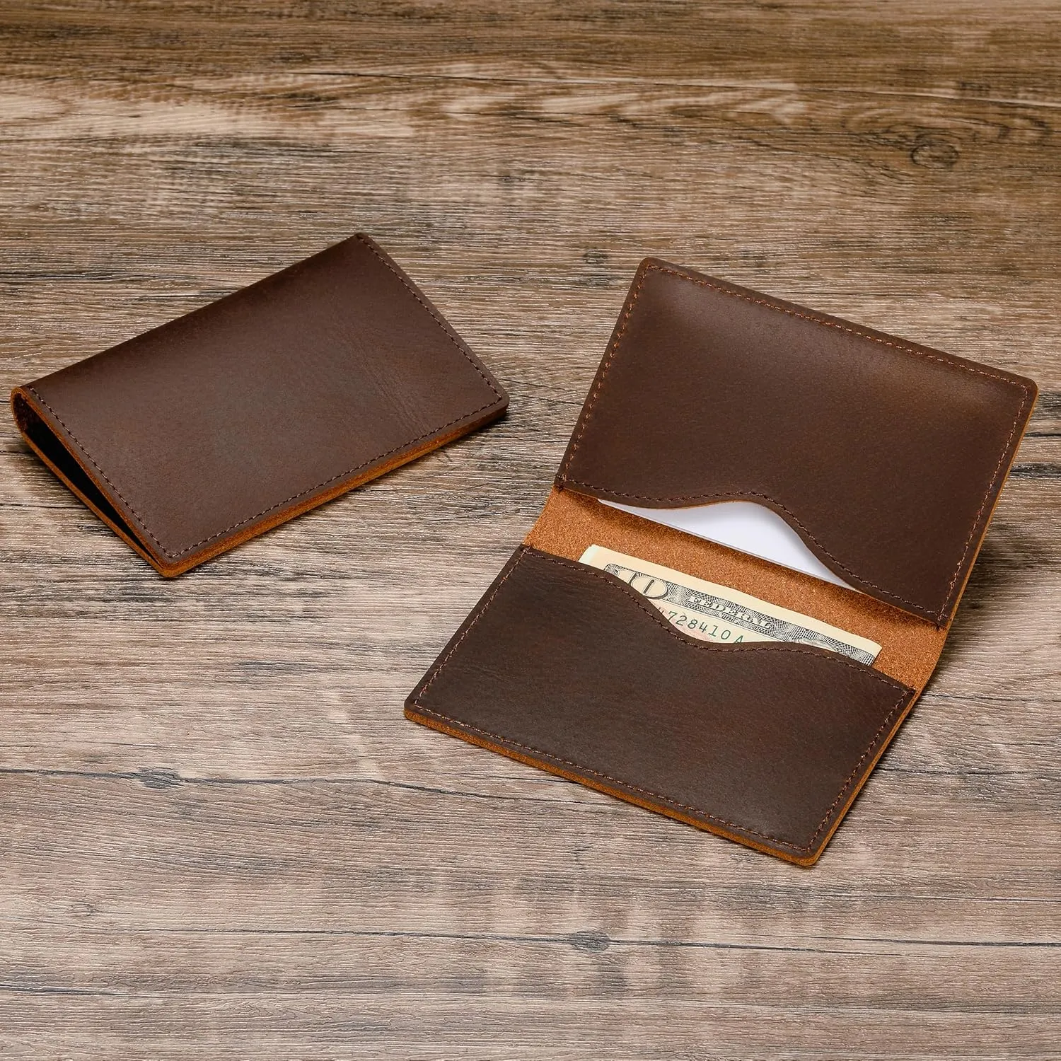 HISCOW Minimalist Thin Bifold Card Holder - Italian Calfskin (Vintage Coffee)