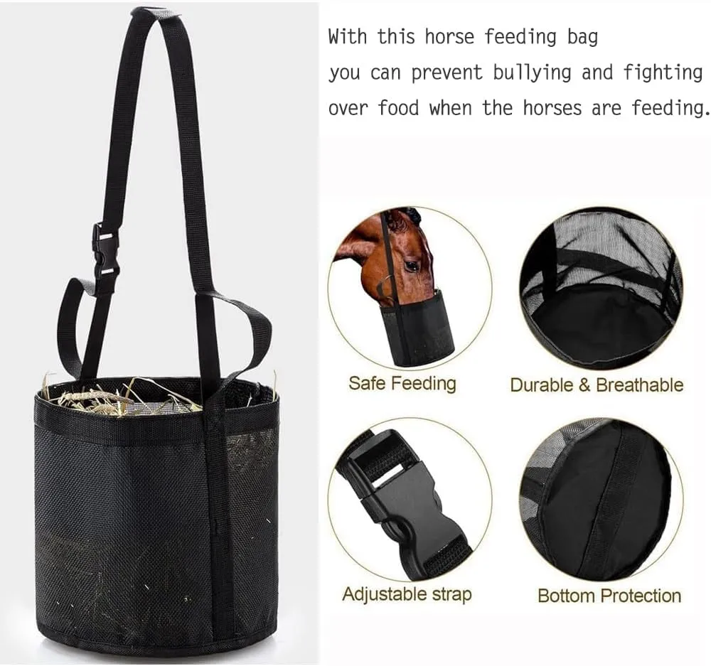 Horse Feed Bag, Mesh Slow Feeding Grain Hay Bag - Collapsible Ripstop Storage Bag Adjustable Strap Neck and Nose for Pasture Trailers Training Horses (Blue,M)