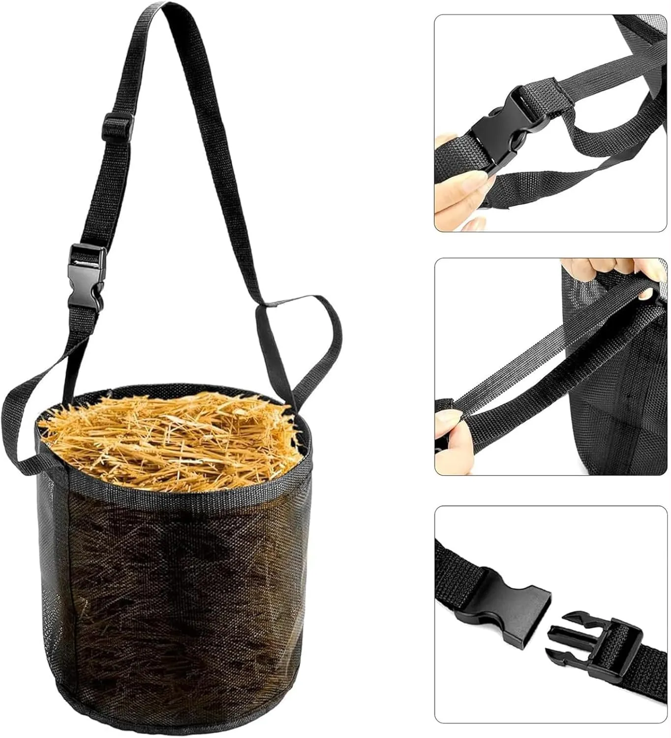 Horse Feed Bag, Mesh Slow Feeding Grain Hay Bag - Collapsible Ripstop Storage Bag Adjustable Strap Neck and Nose for Pasture Trailers Training Horses (Blue,M)