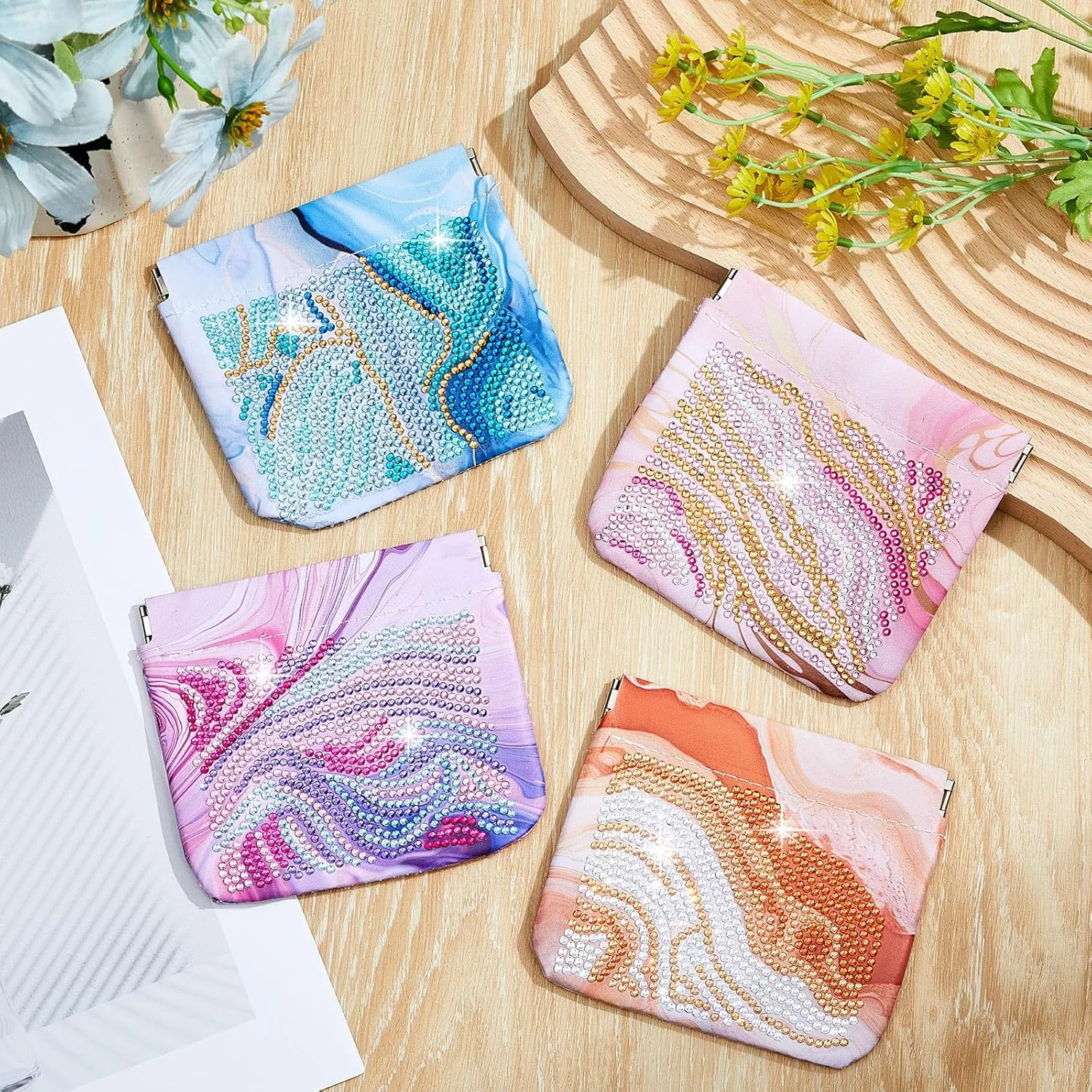 Hsei 4 Pcs Diamond Painting Coin Purse Pouch Leather DIY Rhinestone Paint Handmade Clutch Change Holder Change Purse Diamond Painting Bags for Adults Women Craft Makeup (Marble)