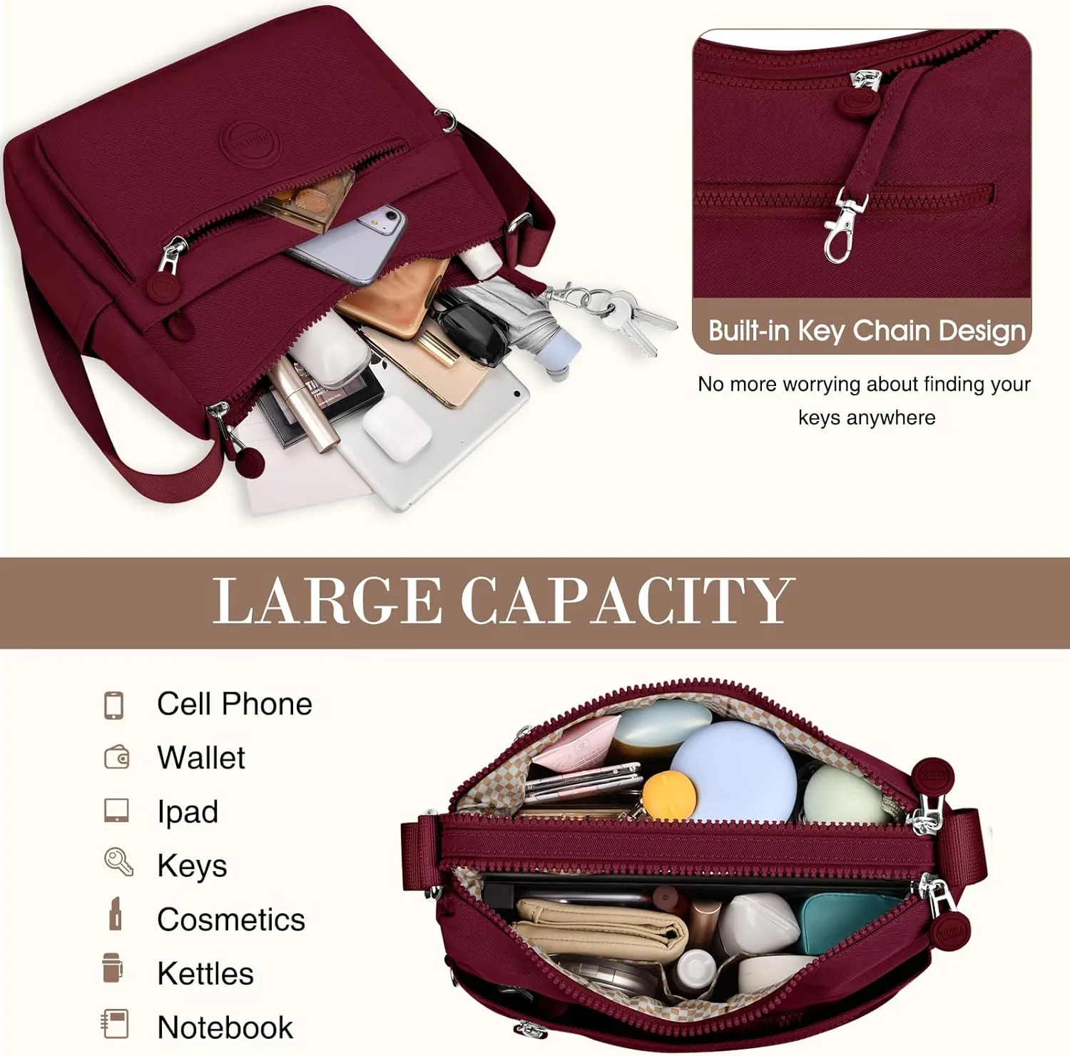 HUANLANG Nylon Crossbody Bags for Women Large Lightweight Travel Purse Women's Pocketbooks Multi Pocket Shoulder Bag