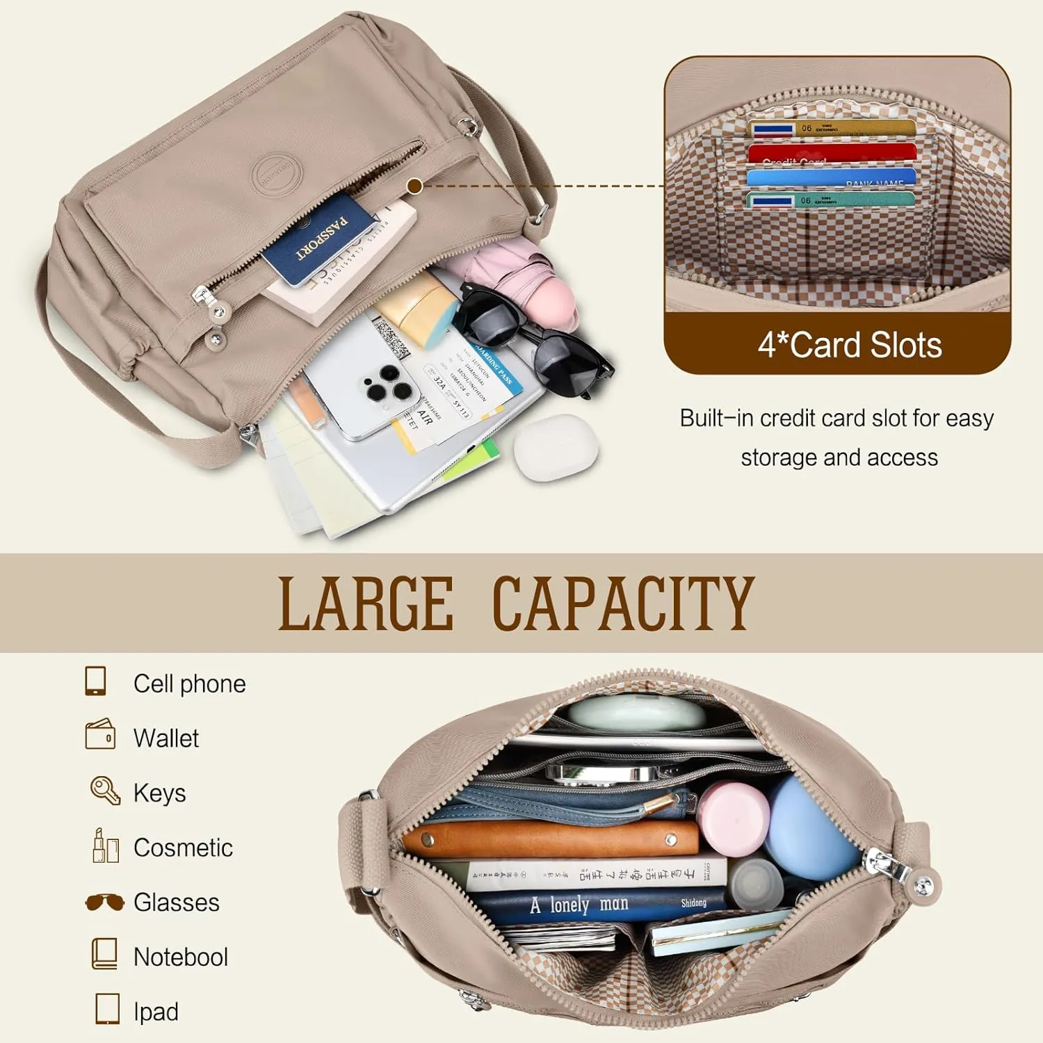 HUANLANG Nylon Crossbody Bags for Women Large Lightweight Travel Purse Women's Pocketbooks Multi Pocket Shoulder Bag