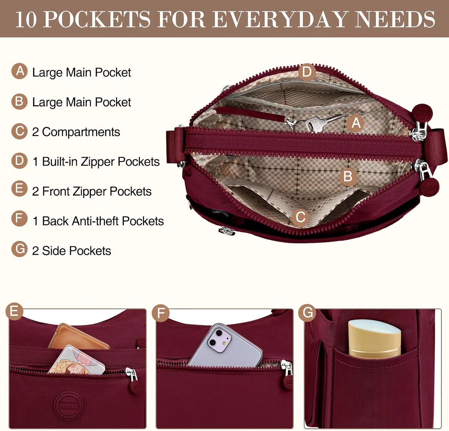 HUANLANG Nylon Crossbody Bags for Women Large Lightweight Travel Purse Women's Pocketbooks Multi Pocket Shoulder Bag