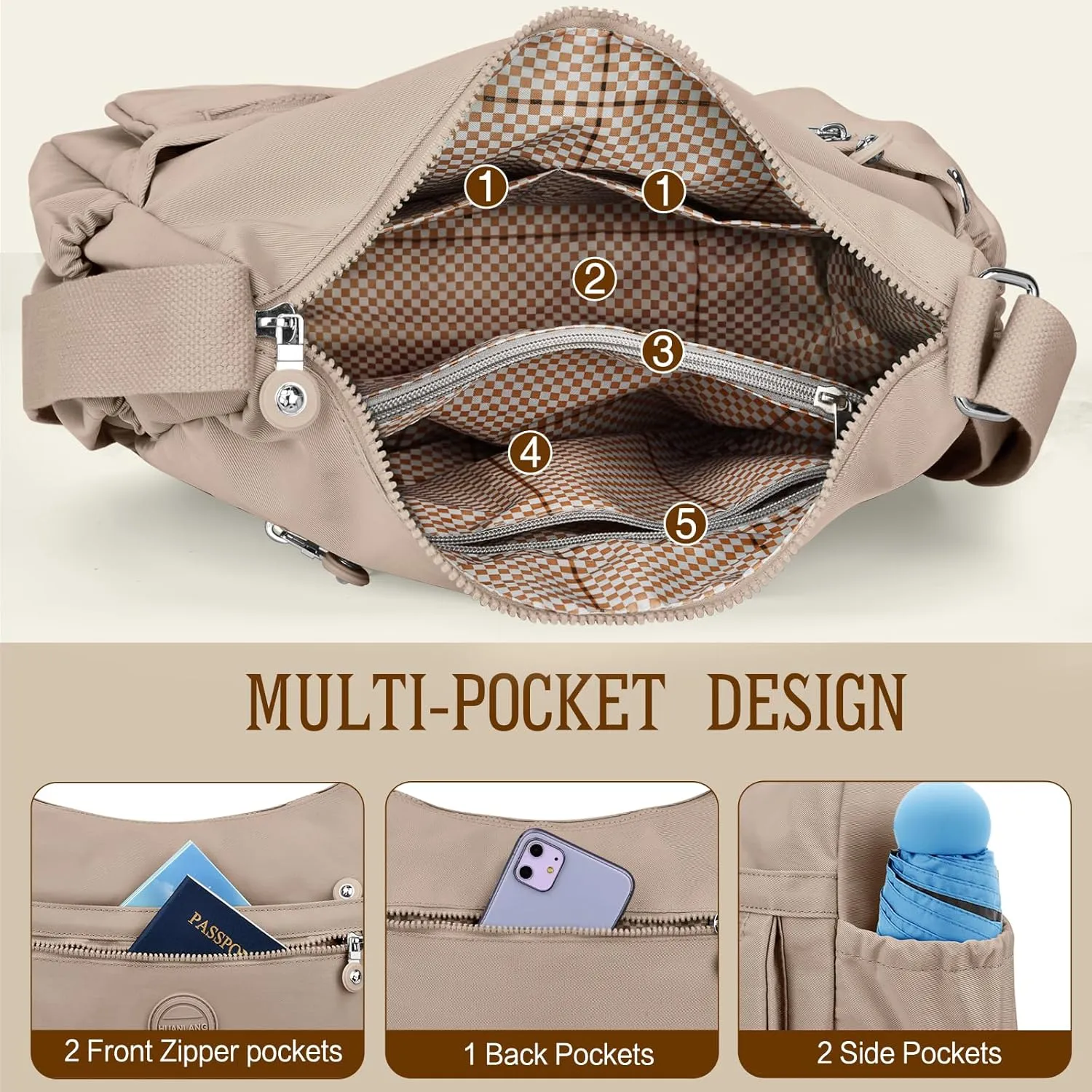 HUANLANG Nylon Crossbody Bags for Women Large Lightweight Travel Purse Women's Pocketbooks Multi Pocket Shoulder Bag