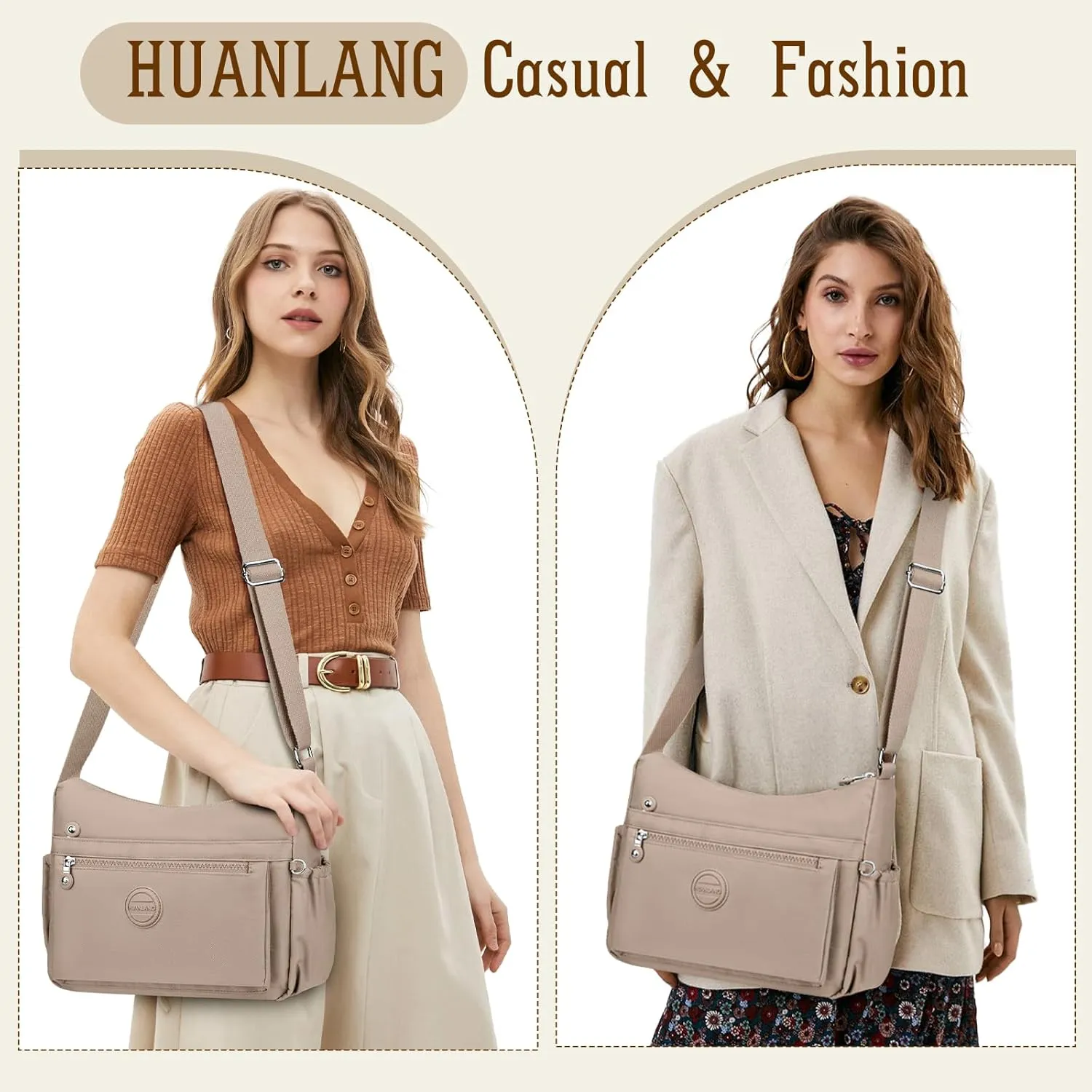 HUANLANG Nylon Crossbody Bags for Women Large Lightweight Travel Purse Women's Pocketbooks Multi Pocket Shoulder Bag