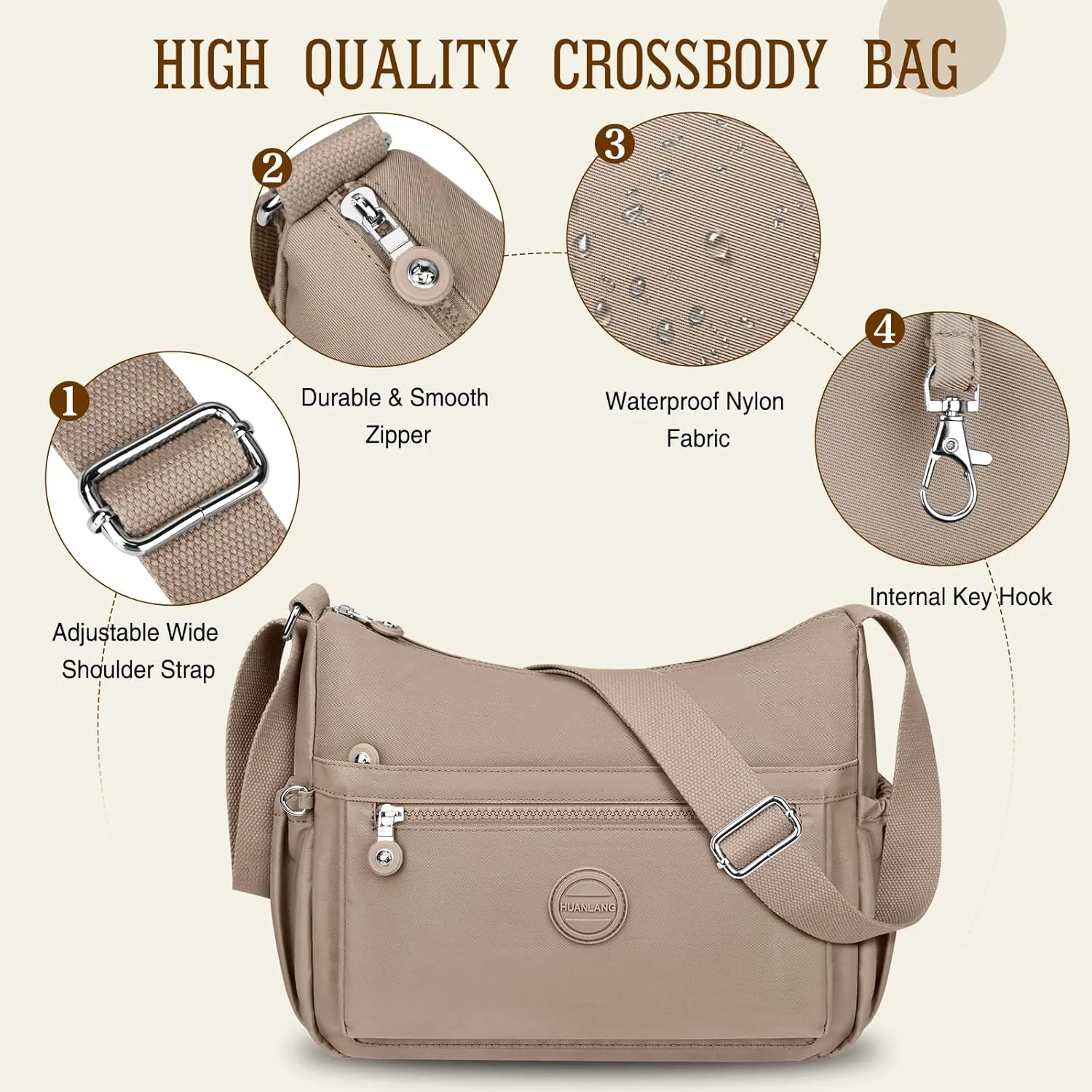 HUANLANG Nylon Crossbody Bags for Women Large Lightweight Travel Purse Women's Pocketbooks Multi Pocket Shoulder Bag