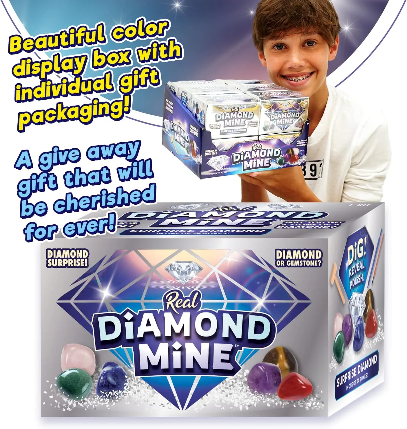 JA-RU Real Diamond Mine Gemstone Dig Kit (6 Packs) Mystery Rock, Minerals, and Gems for Kids | Break Your Own Geodes and a Chance to Get 1 Real Diamond | Party Favors for Kids Goodie Bags. 4630-6s