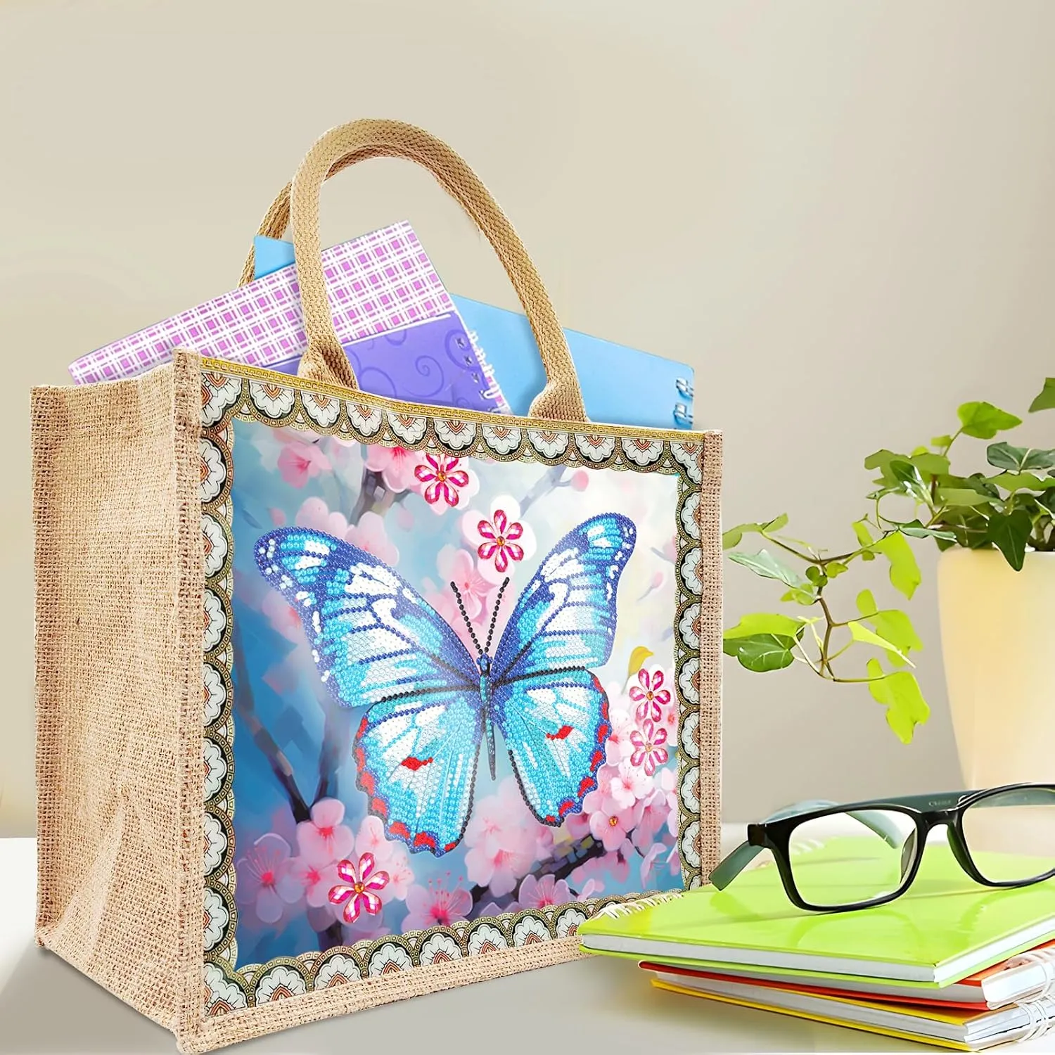 JBTM24 DIY Diamond Art Tote Bag Kit for Adults, Diamond Art Handbag Kits with 2 Pcs Replaceable Linen Pattern, Diamond Painting Creative Handbag for Women Girl Art Craft Gift