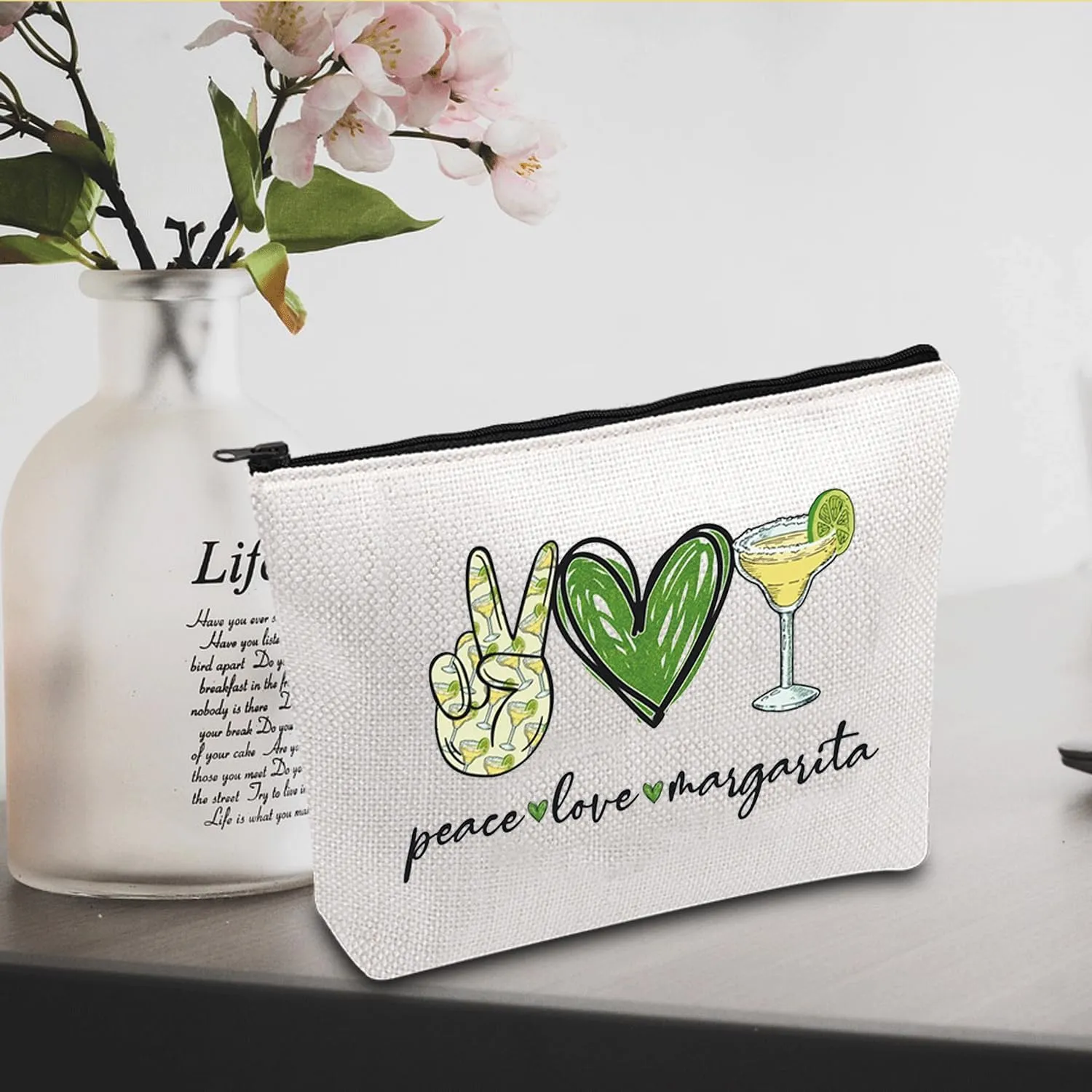 JXGZSO Bartender Gift Peace Love Margarita Cosmetic Bag With Zipper Makeup Bag Margarita Drinking Lover Gift