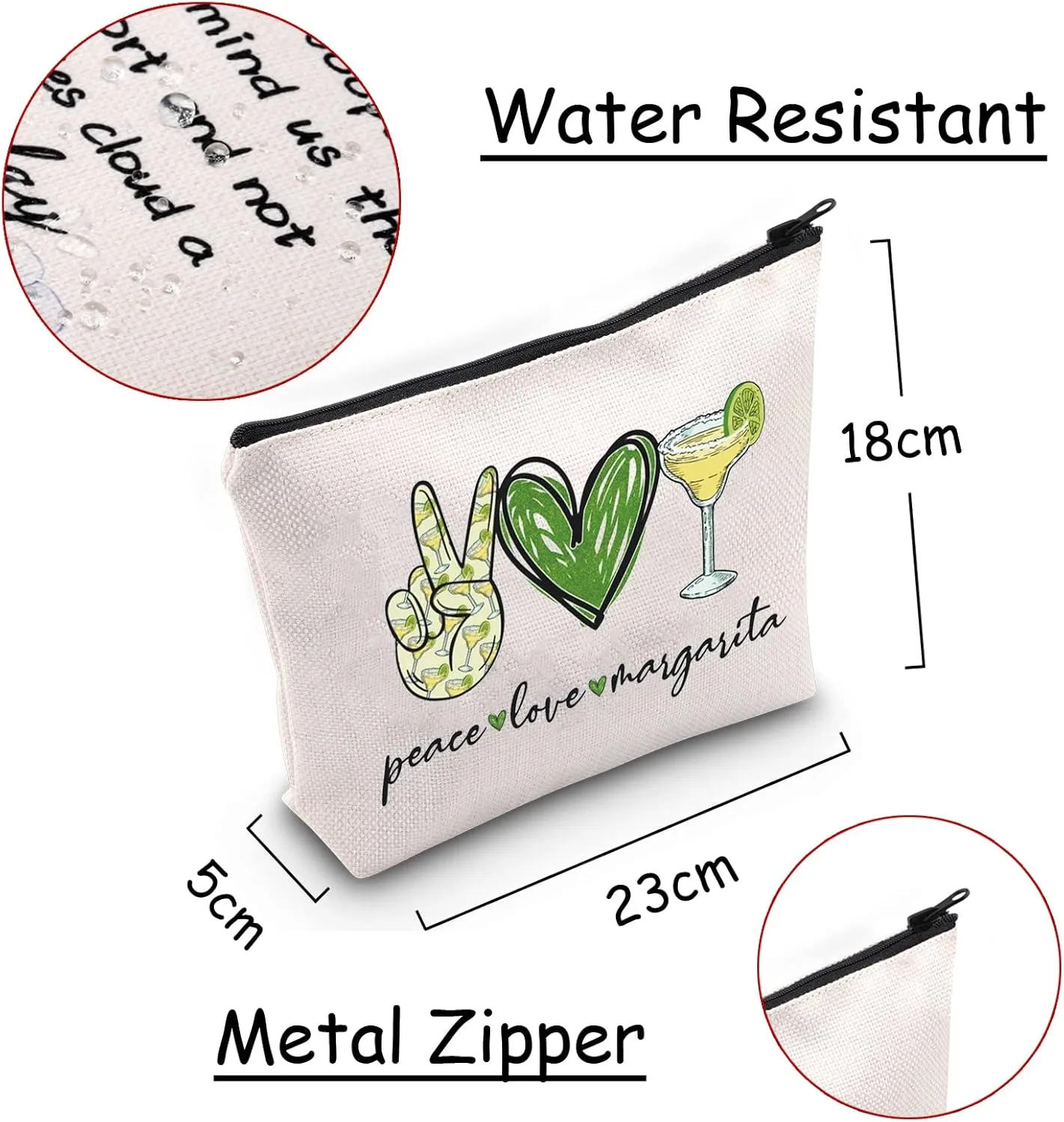 JXGZSO Bartender Gift Peace Love Margarita Cosmetic Bag With Zipper Makeup Bag Margarita Drinking Lover Gift